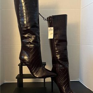 New Express Faux Croc Embossed Tall Boots w/Thin 3" Heel - Dark Burgundy - W7